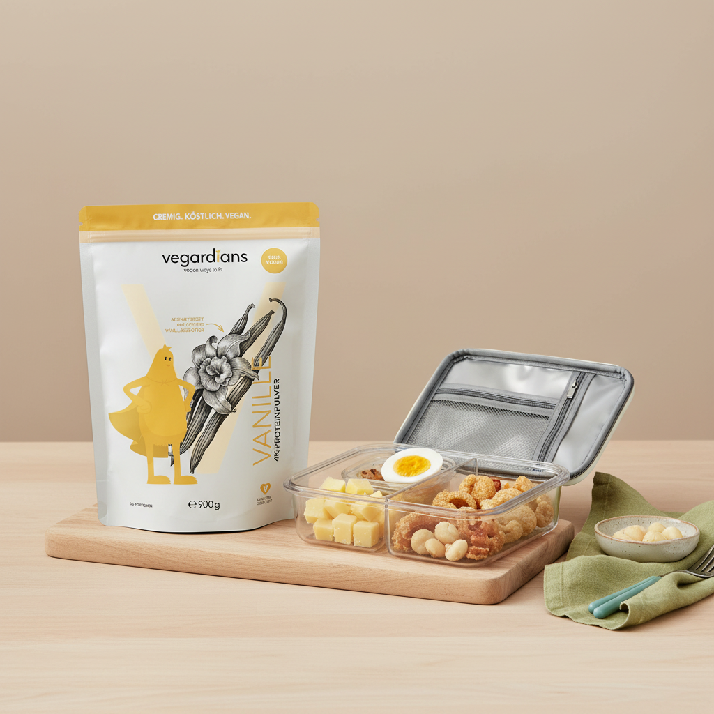 Offene Lunchbox mit Käsewürfeln, hartgekochtem Ei, Pork Rinds und Macadamianüssen vor hellem #F7EDE6 Hintergrund — was kann man naschen ohne kohlenhydrate?