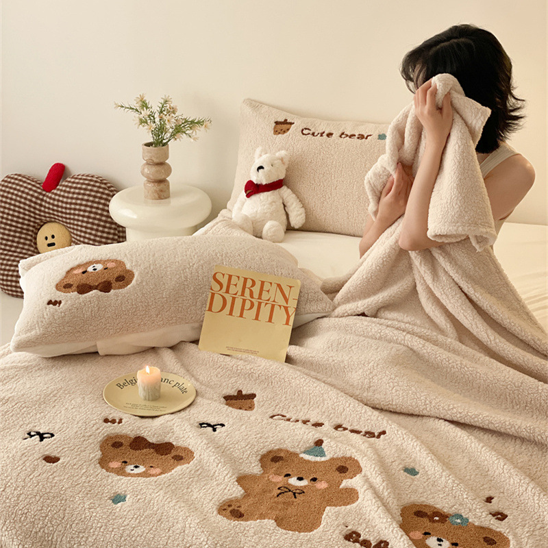 Double-sided lamb fleece blanket with cartoon print