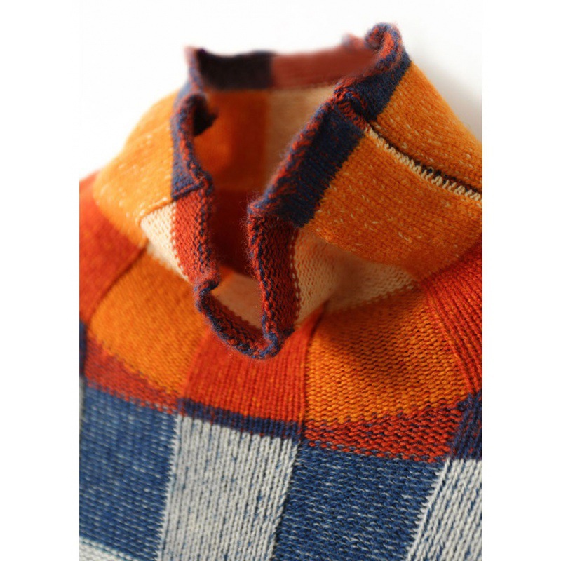 Women's Knit Sweater, Checkered Pattern, Roll Collar