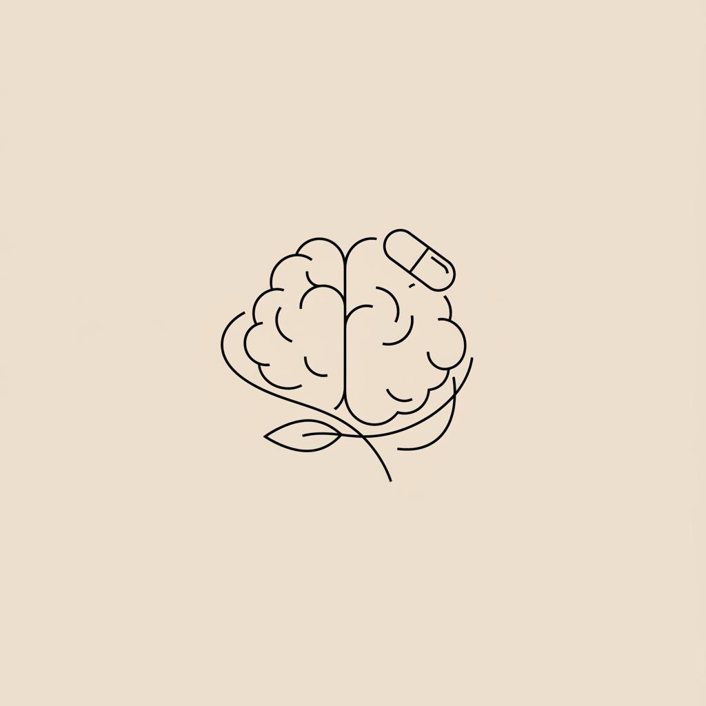 Minimalist vector line illustration of a brain entwined with a leaf and small capsule on a beige background, symbolizing clinical-meets-natural cognitive support for early-onset Alzheimer's.