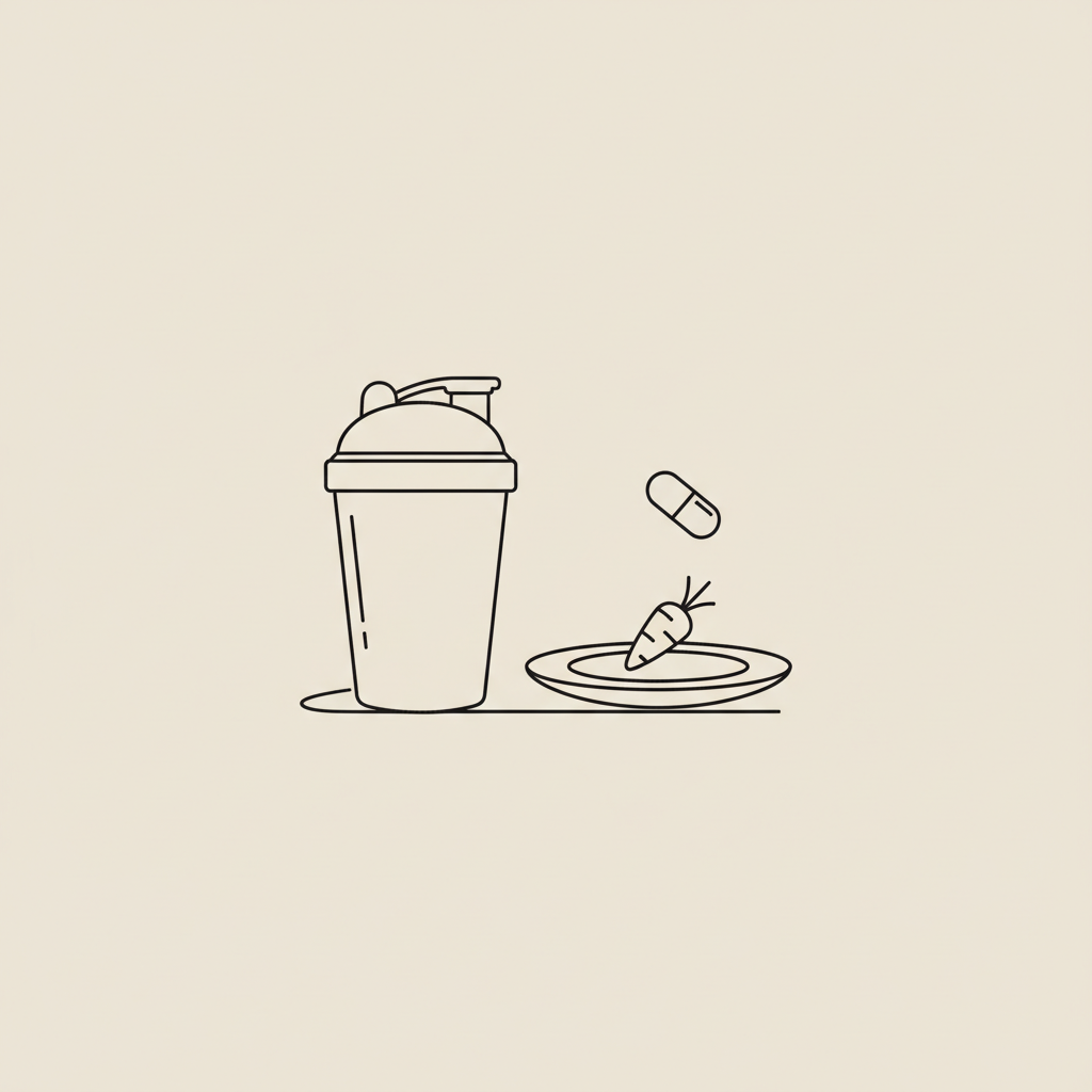Minimalist Tonum-style line illustration of a protein shaker bottle, plate with a simple vegetable icon, and a small capsule on beige background representing meal replacement shakes.