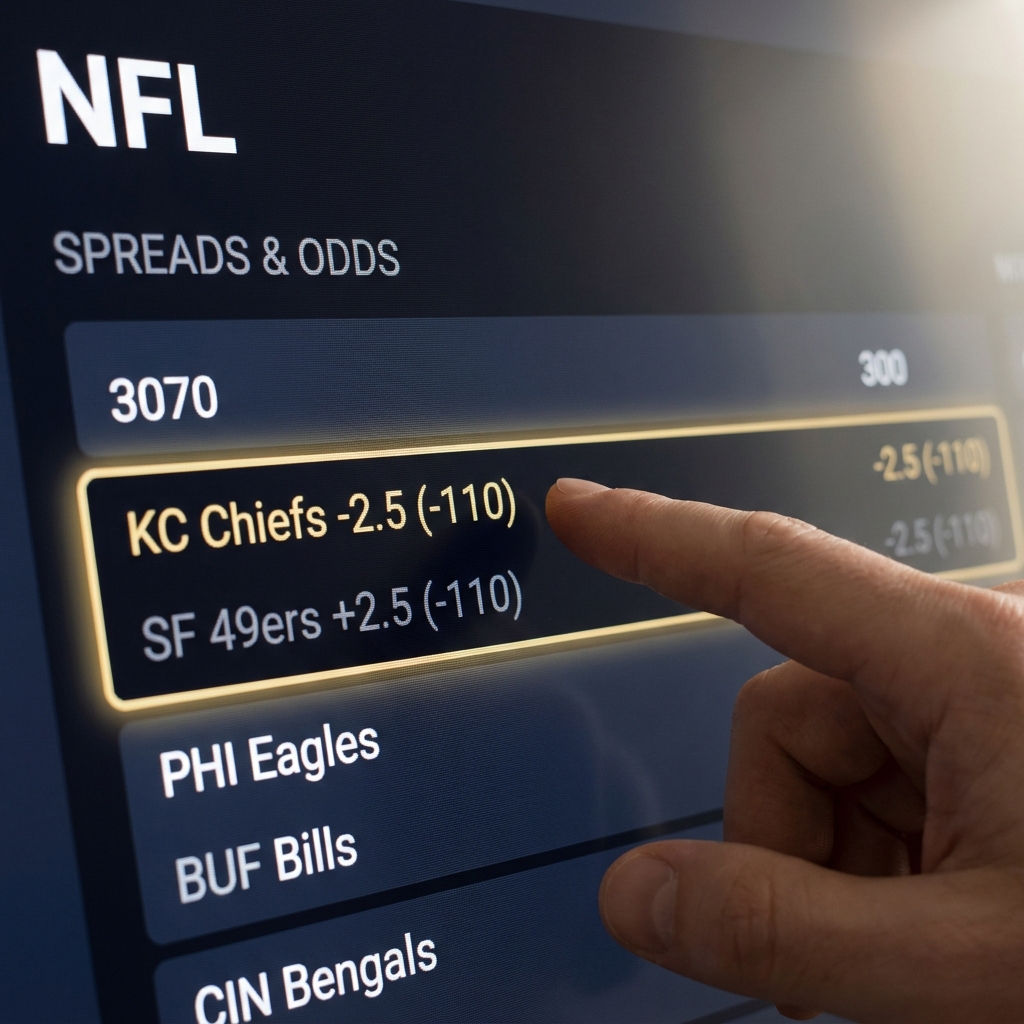 Close up electronic odds board showing point spreads and American odds with a hand pointing at a Chiefs line for nfl game tonight on a minimal dark navy background with subtle gold accent