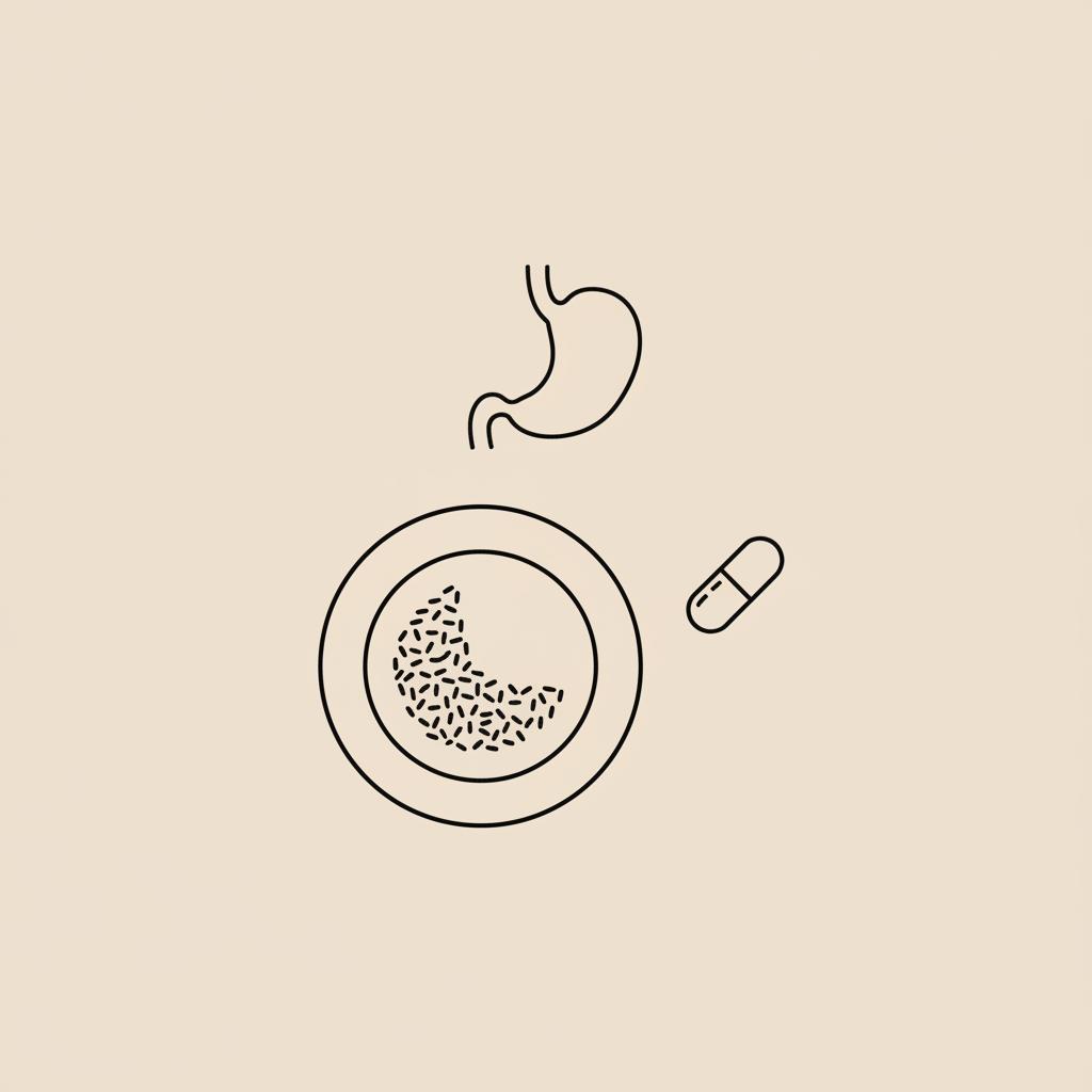 Do carb blockers help you lose weight? Minimal Tonum-style vector line image of a plate with half rice, a capsule, and a thin stomach outline on beige #F2E5D5 background.