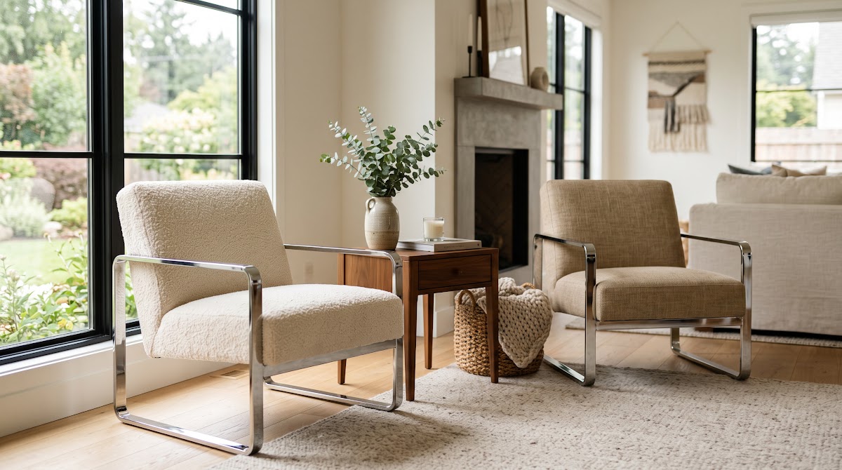 How to Soften Chrome Accent Chairs With Warm Textiles - chrome side table beside walnut furniture in a living room
