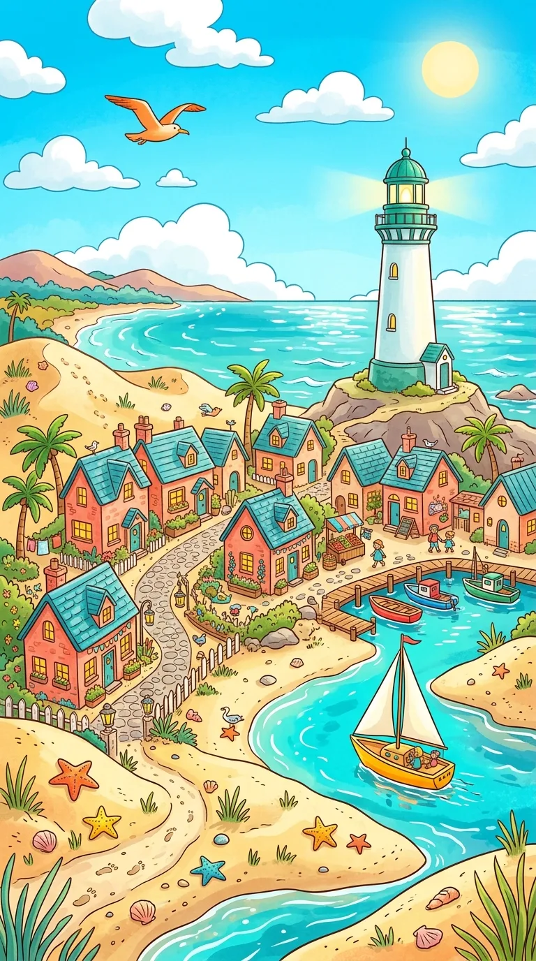 Whimsical Cartoon Miniature Seaside Village with Coral Walls - Free 8K and 4K mobile Wallpaper Background