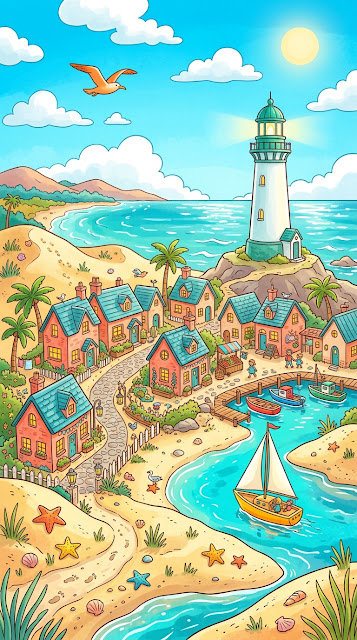 Whimsical Cartoon Miniature Seaside Village with Coral Walls - Free mobile Wallpaper