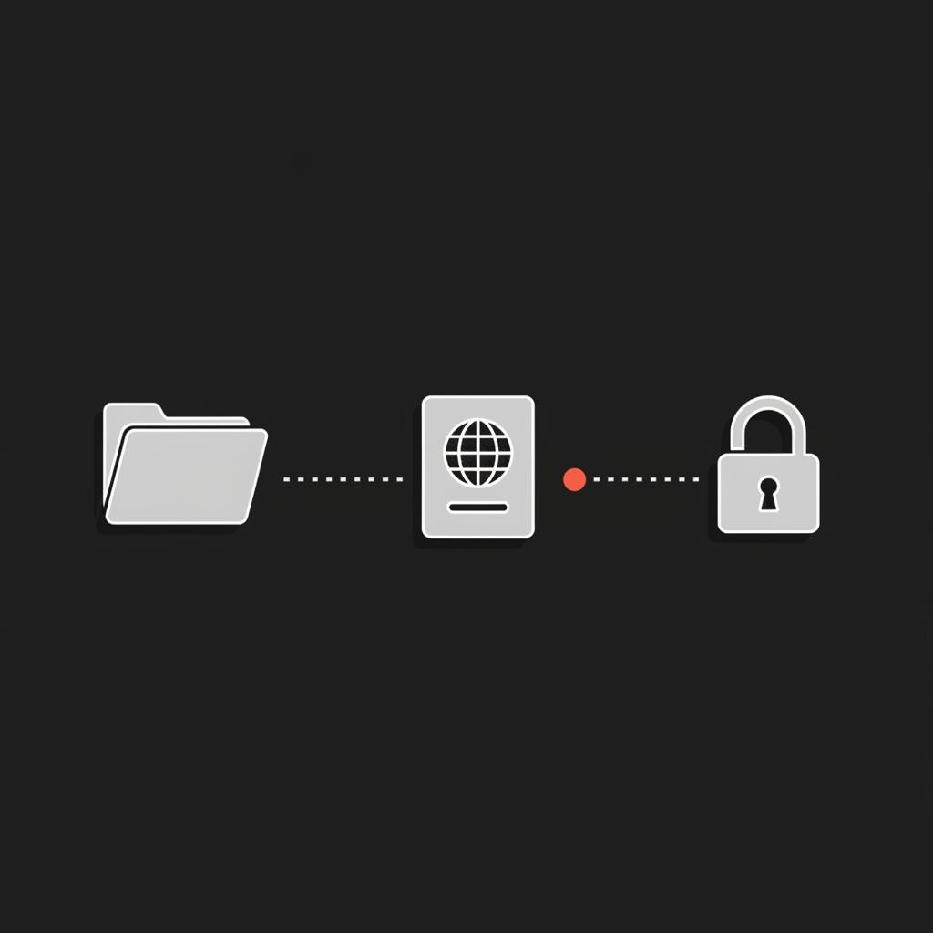 Minimal vector infographic of secure ID upload flow with folder, passport silhouette and lock on black background, article about cost to get verified on Instagram