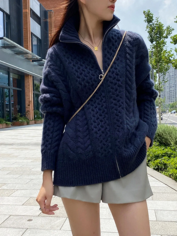 Women's wool cardigan, high-neck, with zipper, cable pattern