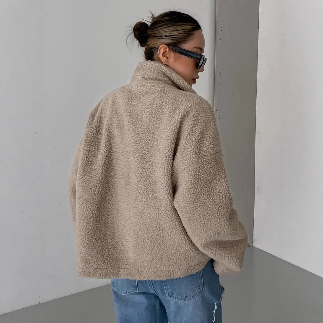 Women's fleece jacket with stand-up collar and zipper
