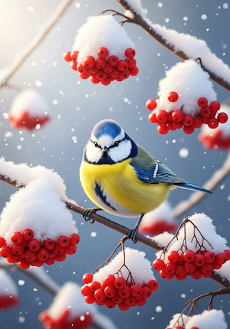 Winter Bird on Snowy Red Berry Branch Nature Scene
