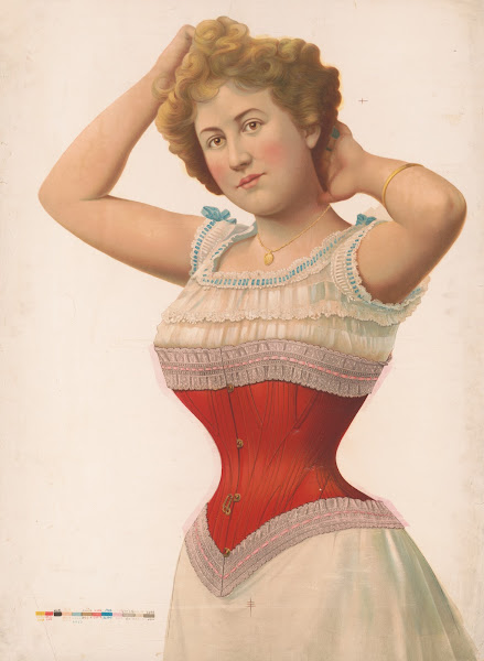 Woman wearing a red corset 1899
