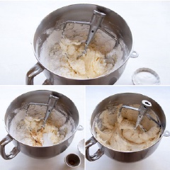 Trong lúc chờ bánh chín, cho kem phô mai và bơ vào đánh mịn. Khoảng 2 phút thì cho máy đánh trứng về tốc độ thấp, thêm đường, nước cốt dừa, vani vào, đến khi hỗn hợp mịn xốp là được.