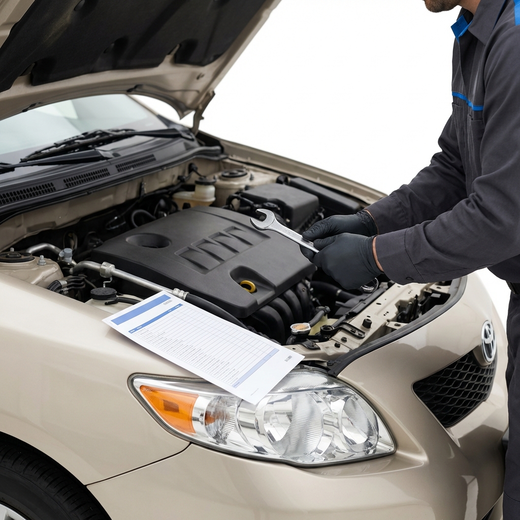 Mechanic inspecting engine bay of a used toyota corolla for sale during pre purchase inspection wrench and checklist visible on clean white background