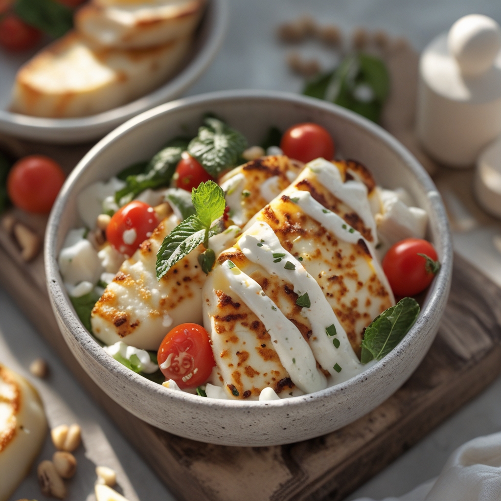 Crispy Za'atar Halloumi Power Bowls with Whipped Lemon Feta & Charred Cherry Tomatoes