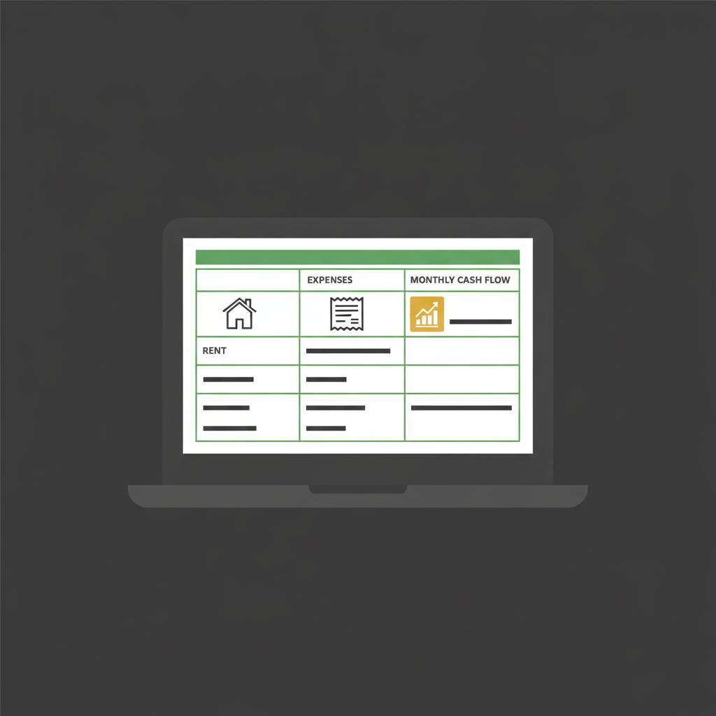 Minimalist 2D vector laptop showing spreadsheet with rent icon expenses icon and a highlighted monthly cash flow cell in Finance Police colors how can i buy a rental property