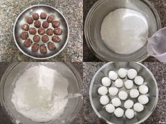 Gừng rửa sạch băm nhỏ. Cho thịt băm vào tô với 20ml nước trộn đều sau đó thêm gừng băm, nước tương, 1/2 muỗng cà phê muối, dầu mè, bột khoai tây vào trộn đều. Viên thịt đã trộn thành 20 phần bằng nhau, để thịt đã viên vào tủ lạnh khoảng 30 phút. Cho bột nếp vào tô và đổ 150ml nước vào trộn đều sau đó đổ 150ml nước sôi vào trộn chung. Nhào bột thành khối bột đồng nhất dẻo mịn rồi chia khối bột thành 20 phần bằng nhau.