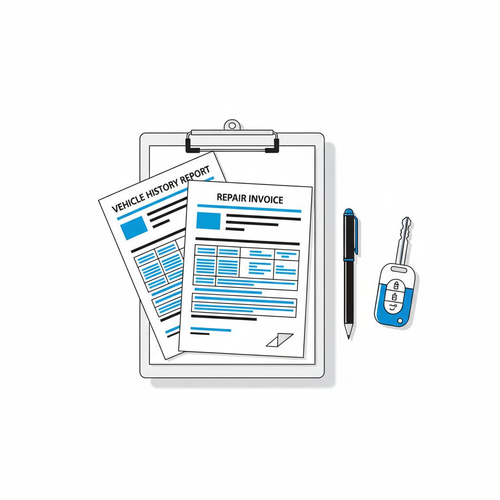 Minimalist 2D vector close up of a vehicle history report and repair invoice on a clipboard with a pen and key fob conveying used chevy silverado for sale