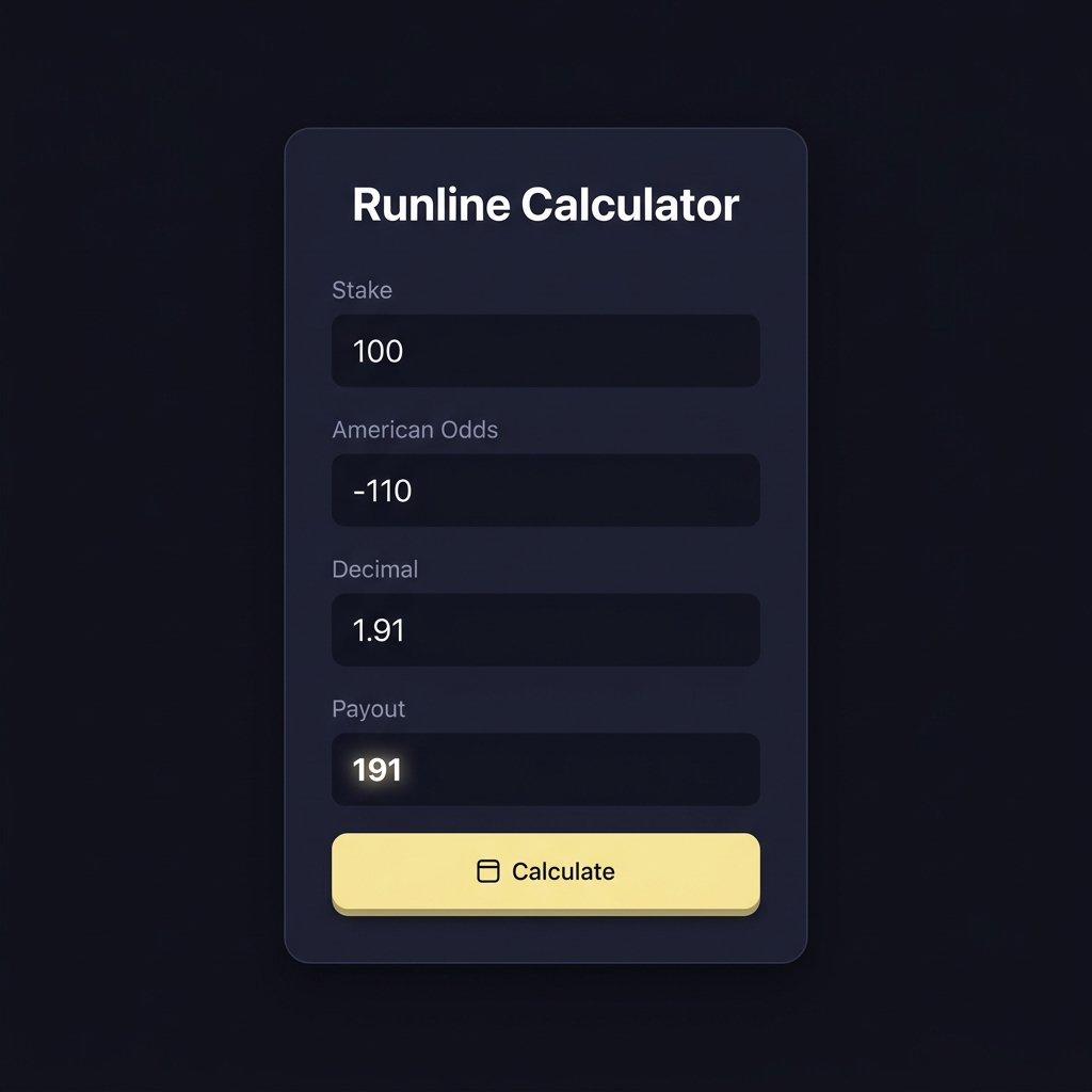 Minimalist full frame runline calculator UI mockup showing stake american odds decimal conversion and payout on Funded Plays dark brand background