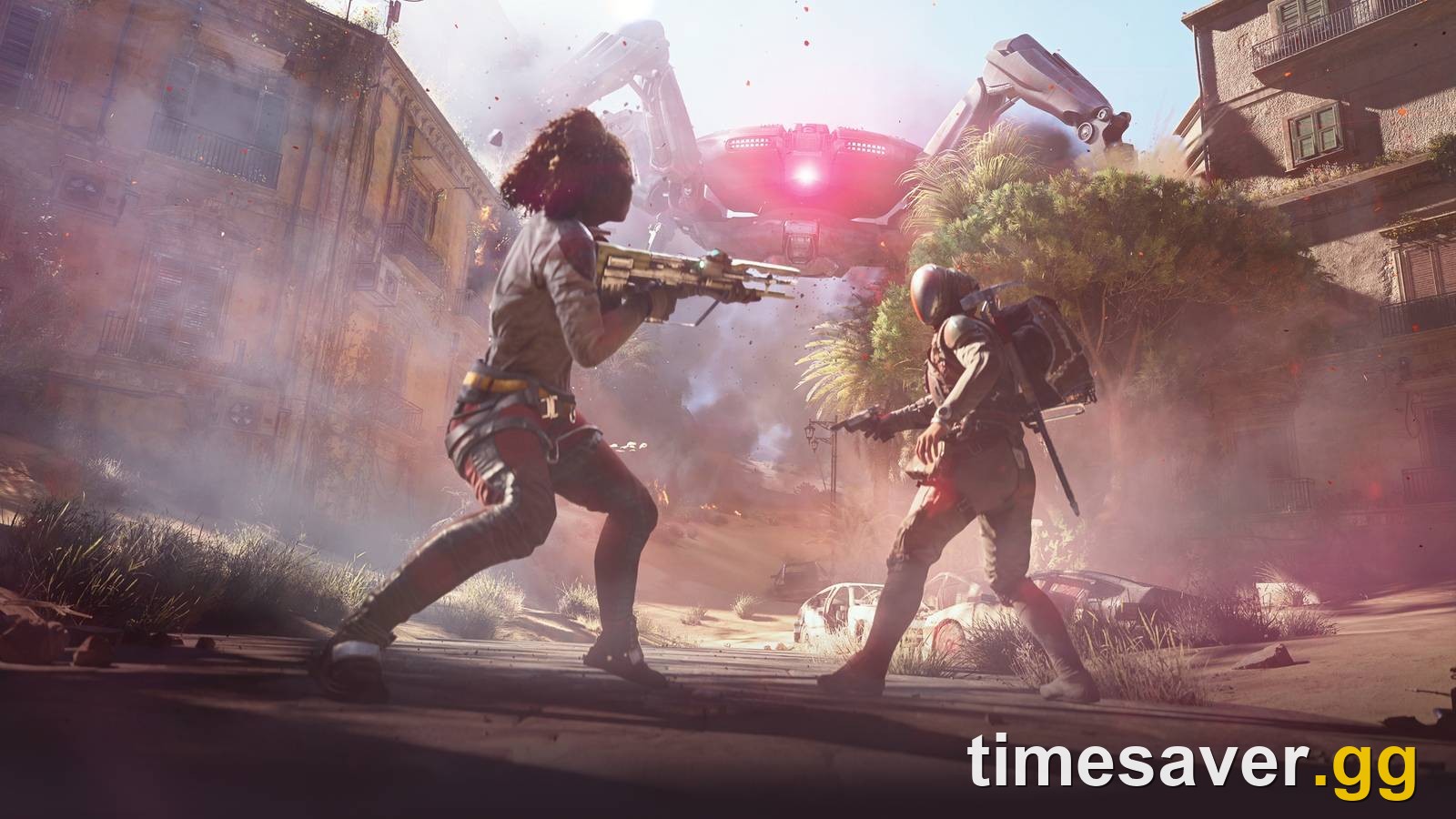 Two ARC Raiders sharing the field as a large ARC machine bears down, the co-op-versus-ARC dynamic the PvE toggle leans into