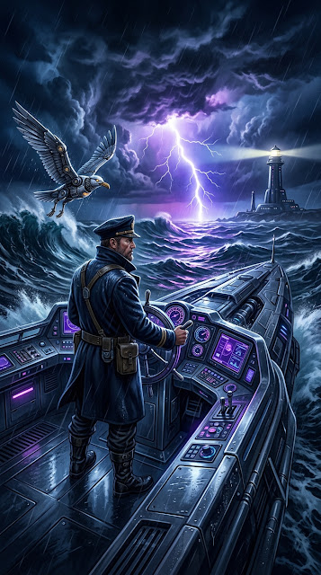 Surreal Retro-Futuristic Seascape with Sailor - Free mobile Wallpaper