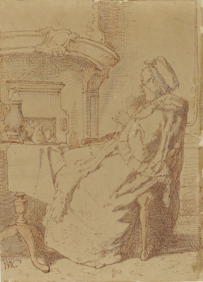 Zittende breiende oude vrouw aan een tafel c 1834   c 1882
