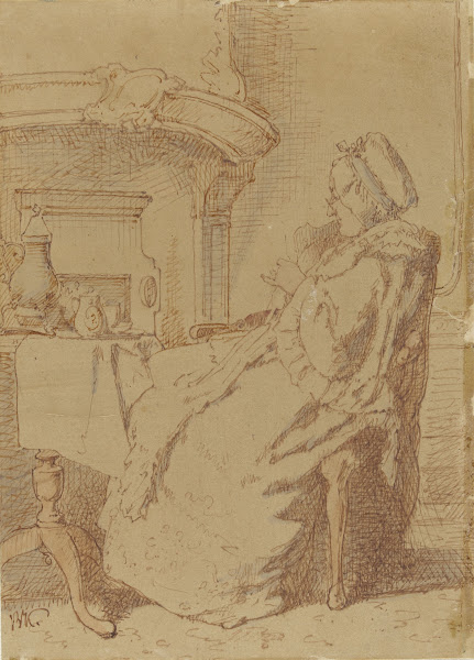 Zittende breiende oude vrouw aan een tafel c 1834   c 1882