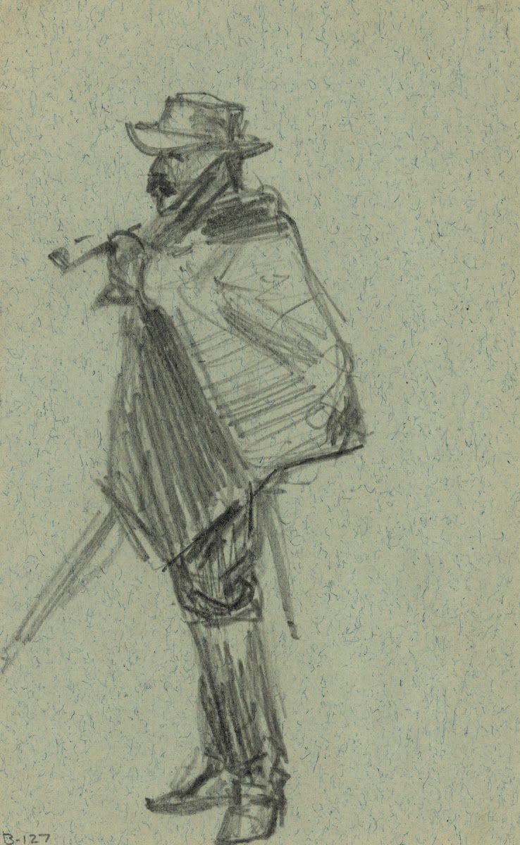 Soldier with blanket wrapped around shoulders 1860 1865