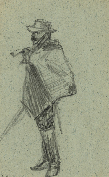 Soldier with blanket wrapped around shoulders 1860 1865