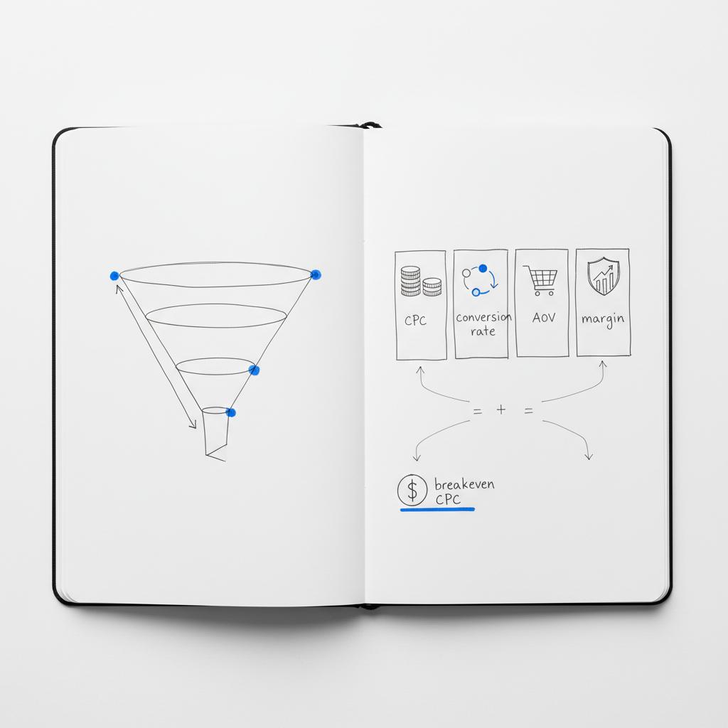 Close-up notebook spread with hand-drawn funnel and icon-based columns for CPC, conversion rate, AOV and margin, linked into a visual breakeven CPC calculation for PPC ROI.