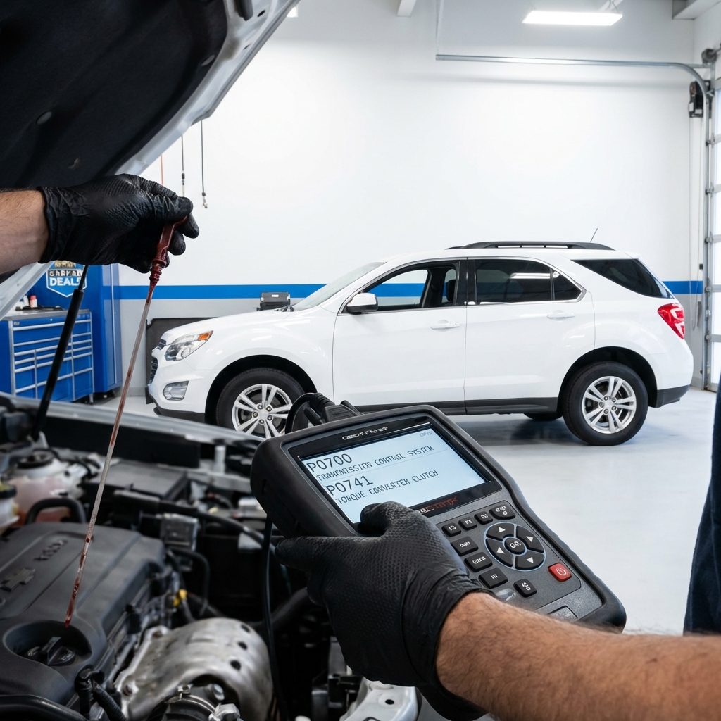 Close up of a mechanic reading OBD II codes on a scanner while a technician checks transmission fluid next to a Chevrolet Equinox SUV in a clean white service bay