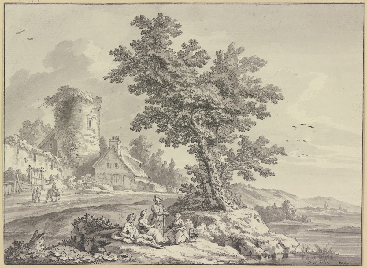 Flusslandschaft links ein Bauernhaus an dem Turm einer Stadtmauer in der Bildmit