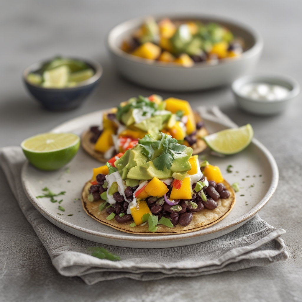 Quick & Crispy Spicy Mango Black Bean Tostadas with Creamy Avocado-Lime
