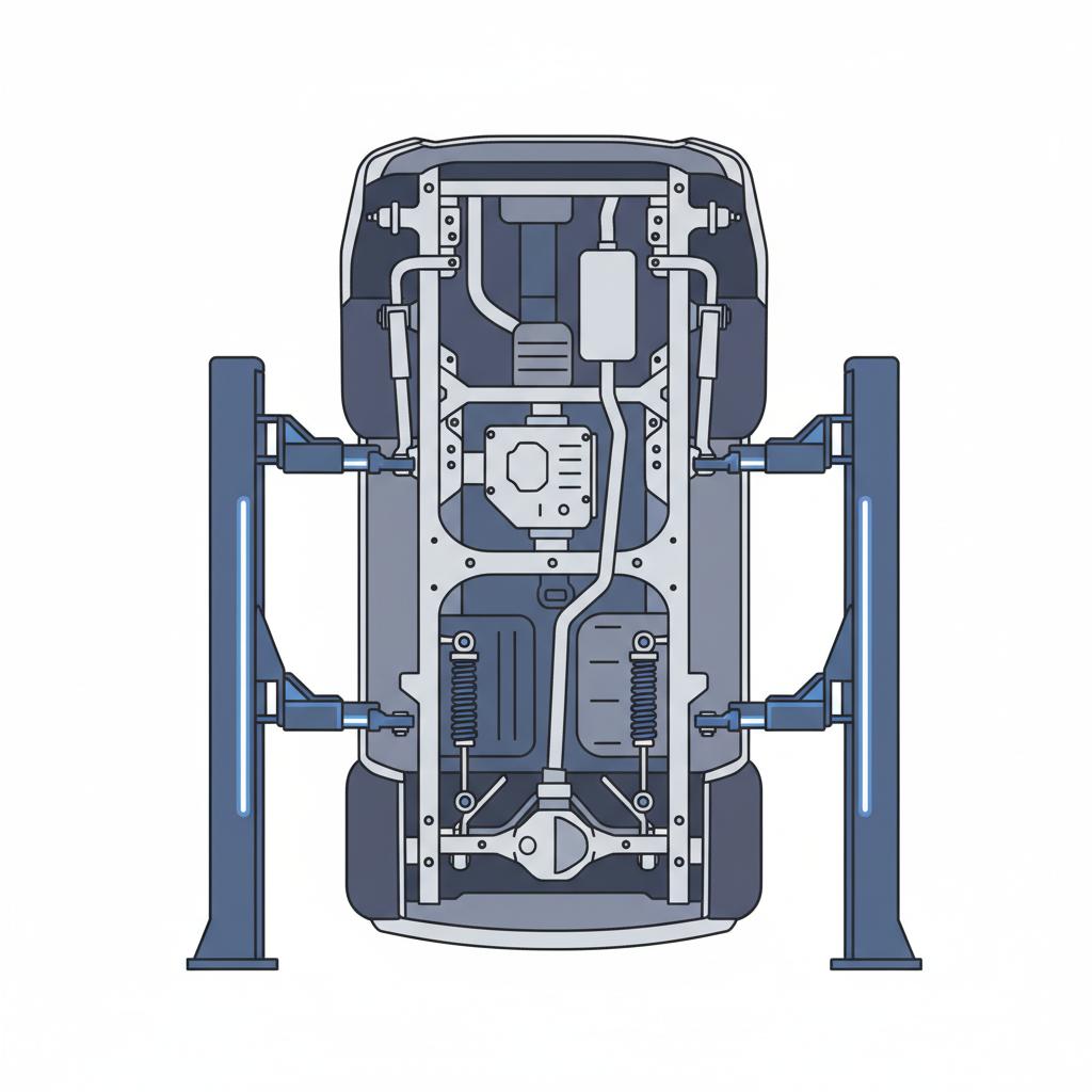 Overhead 2D vector illustration of a Tacoma undercarriage on a lift showing frame rails suspension components and inspection lighting used toyota tacoma for sale