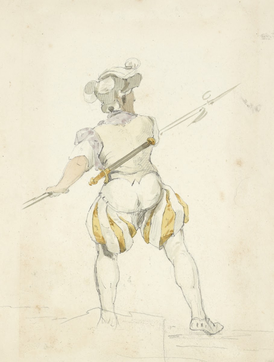 Back view of a man in pantaloons tights and hat drawing back a spear 1840