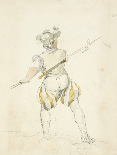 Back view of a man in pantaloons tights and hat drawing back a spear 1840