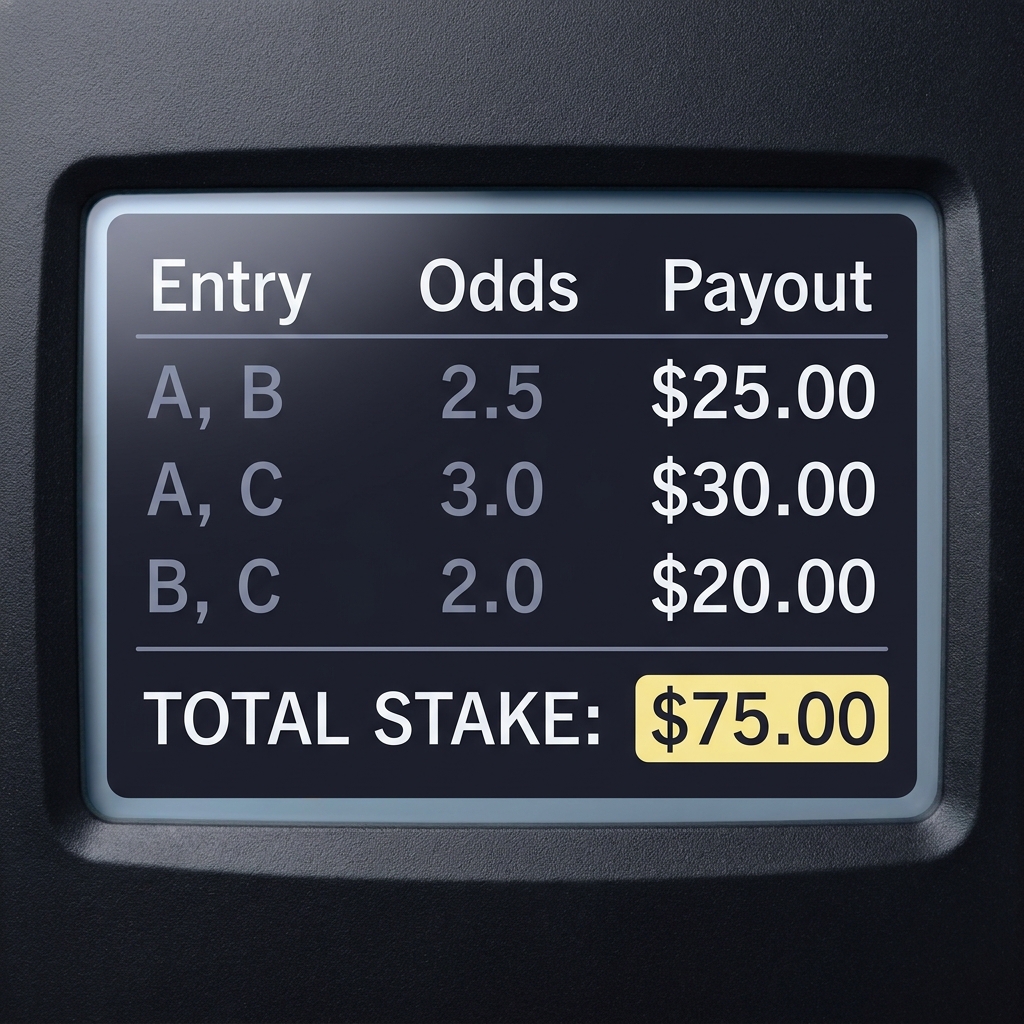 Close up calculator screen displaying a round robin payout table and highlighted total stake on a dark minimal Funded Plays styled background round robin odds calculator