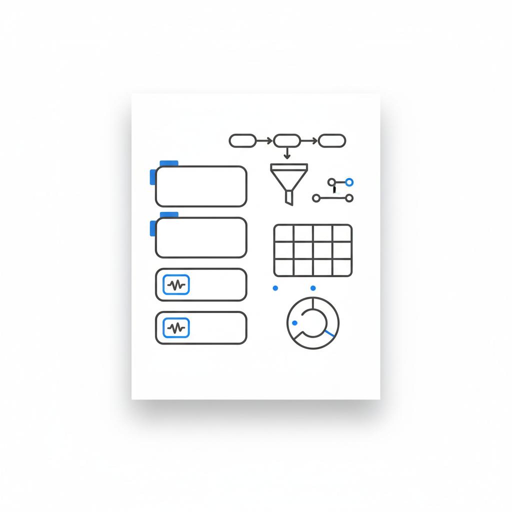 Minimal vector notebook spread with ad thumbnail sketches, video waveforms and a sample budget table illustrating Nextdoor advertising cost planning.