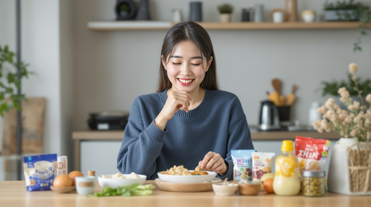 쿠팡다이어트간식  성공적인 다이어트를 위해 쿠팡다이어트간식(누룽지, 곤약젤리, 단백질바 등)을 식사 대용, 운동 후, 간식으로 다양하게 활용하는 모습과 체중 관리 앱, 포장된 간식, 건강한 식단표가 어우러진 장면