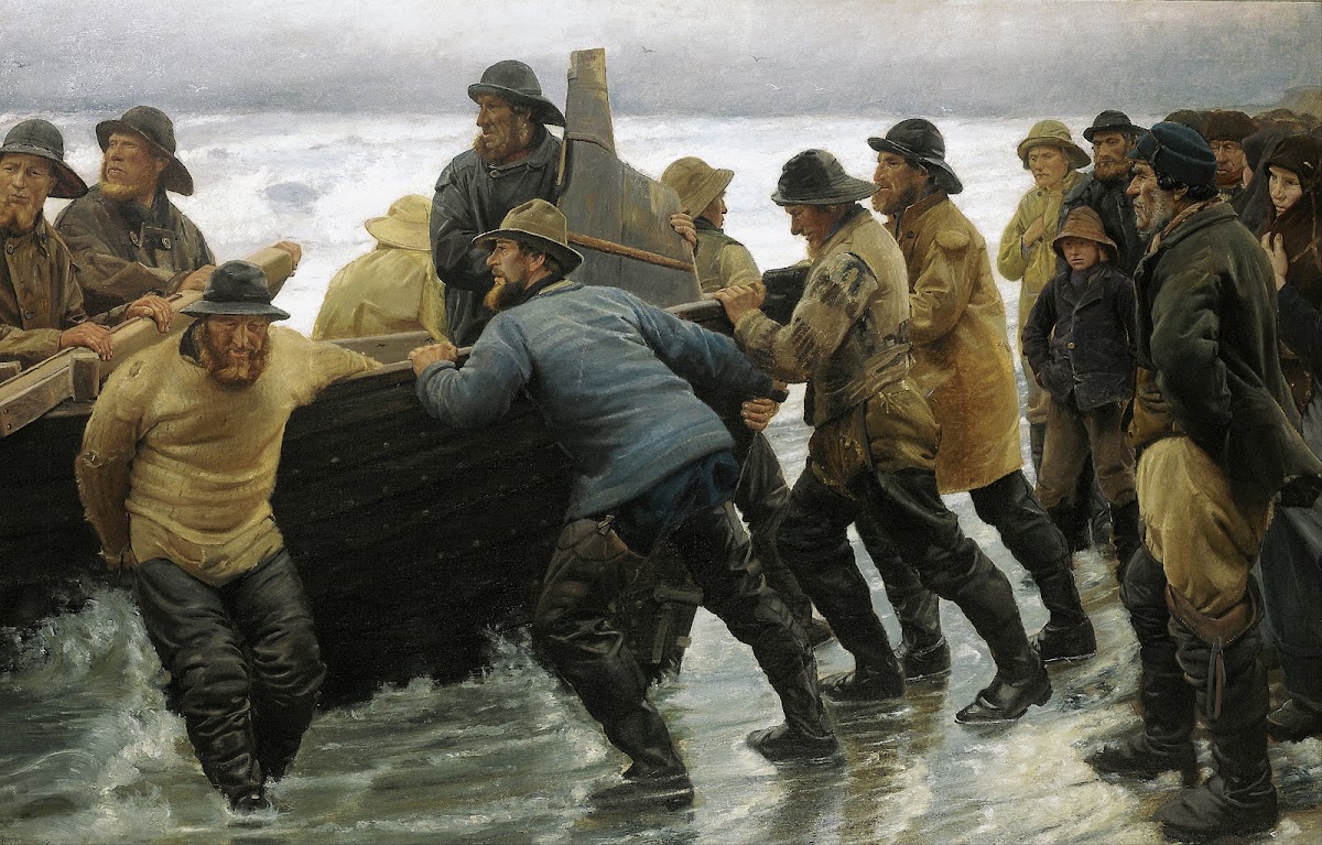 Fishermen launching a rowing boat 1881