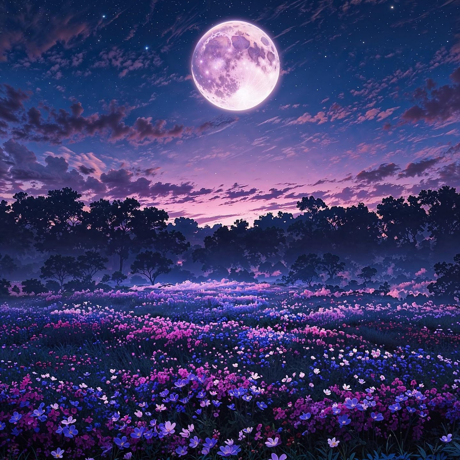 Download Flower Field Under Full Moon 2K iPhone