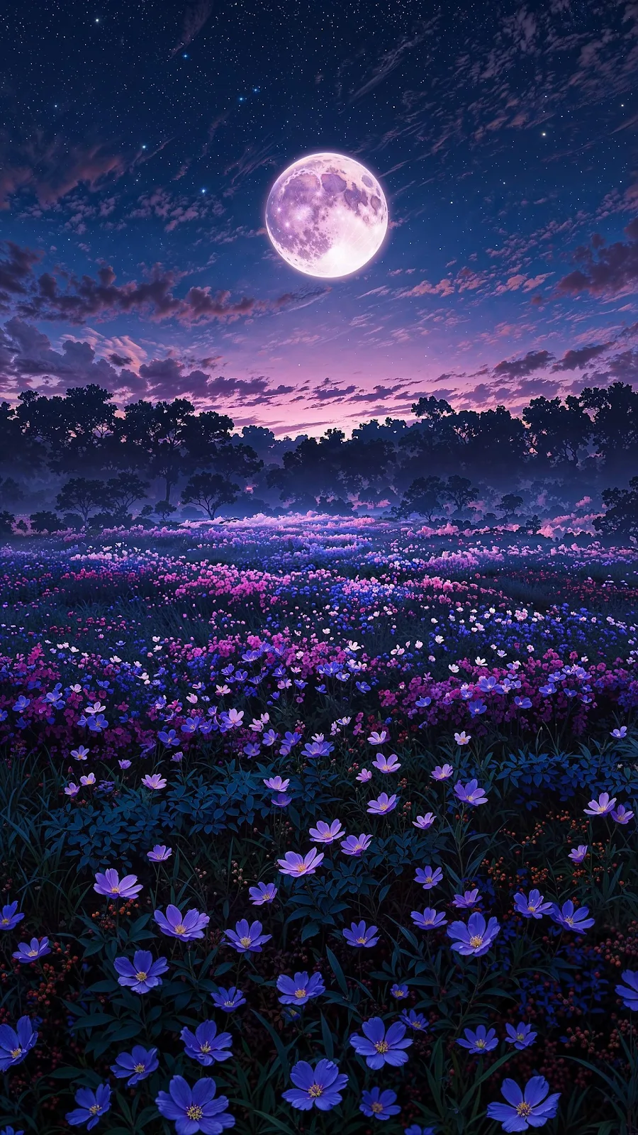 Flower Field Under Full Moon - Digital Art 2K iPhone Wallpaper (1440x2560)