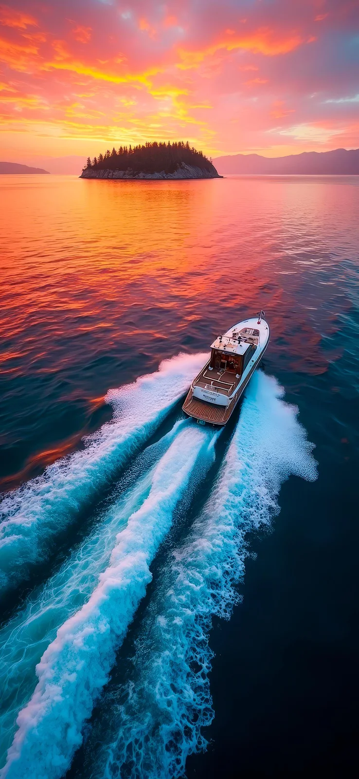Motorboat Cruising at Sunset - Aerial Photography Full HD iPhone Wallpaper (1338x2900)