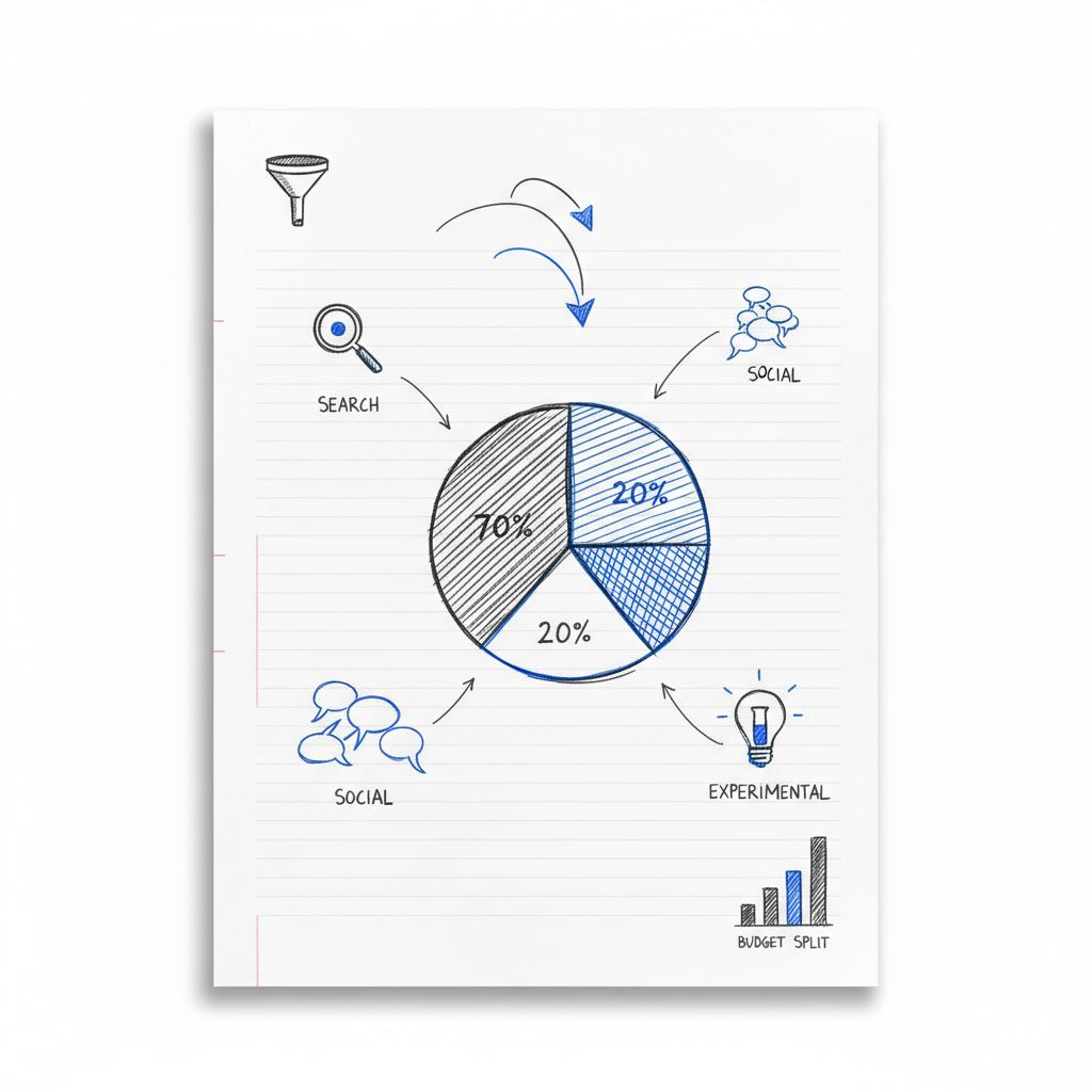 Close-up notebook sketch showing proportional 70/20/10 budget pie with arrows to search, social and experimental thumbnails, minimalist style on white background &mdash; 70/20/10 rule in media buying