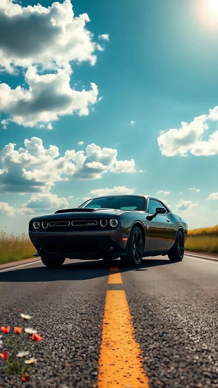 Dodge Challenger on Open Road - Automotive Photography iPhone Wallpaper (736x1308)