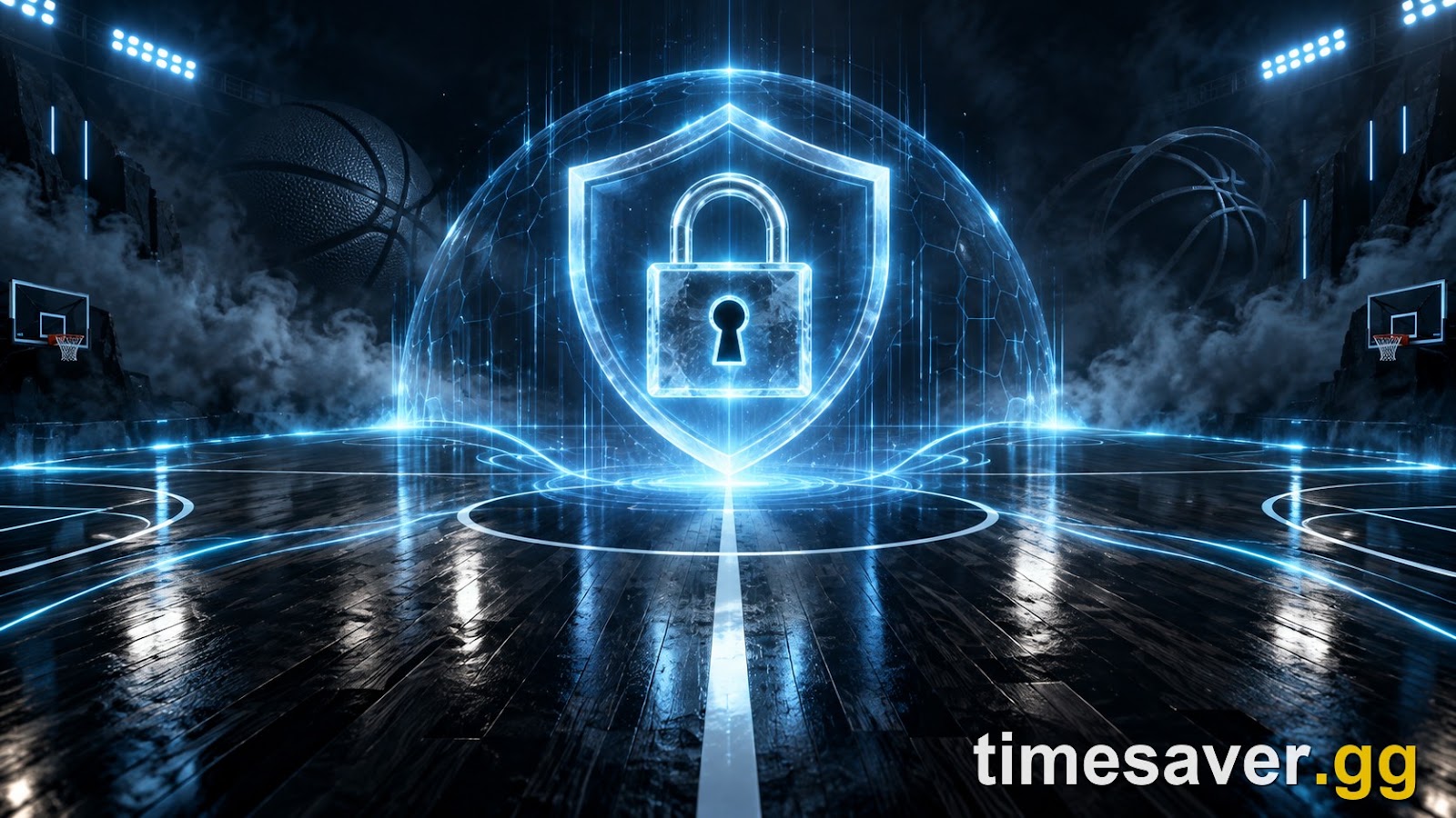Stylized NBA 2K27 account-safety concept — a glowing shield and padlock protecting a basketball court