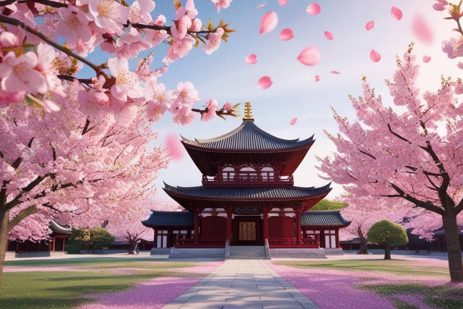 Cherry blossoms framing a traditional Kyoto scene in Japan during spring bloom season.
