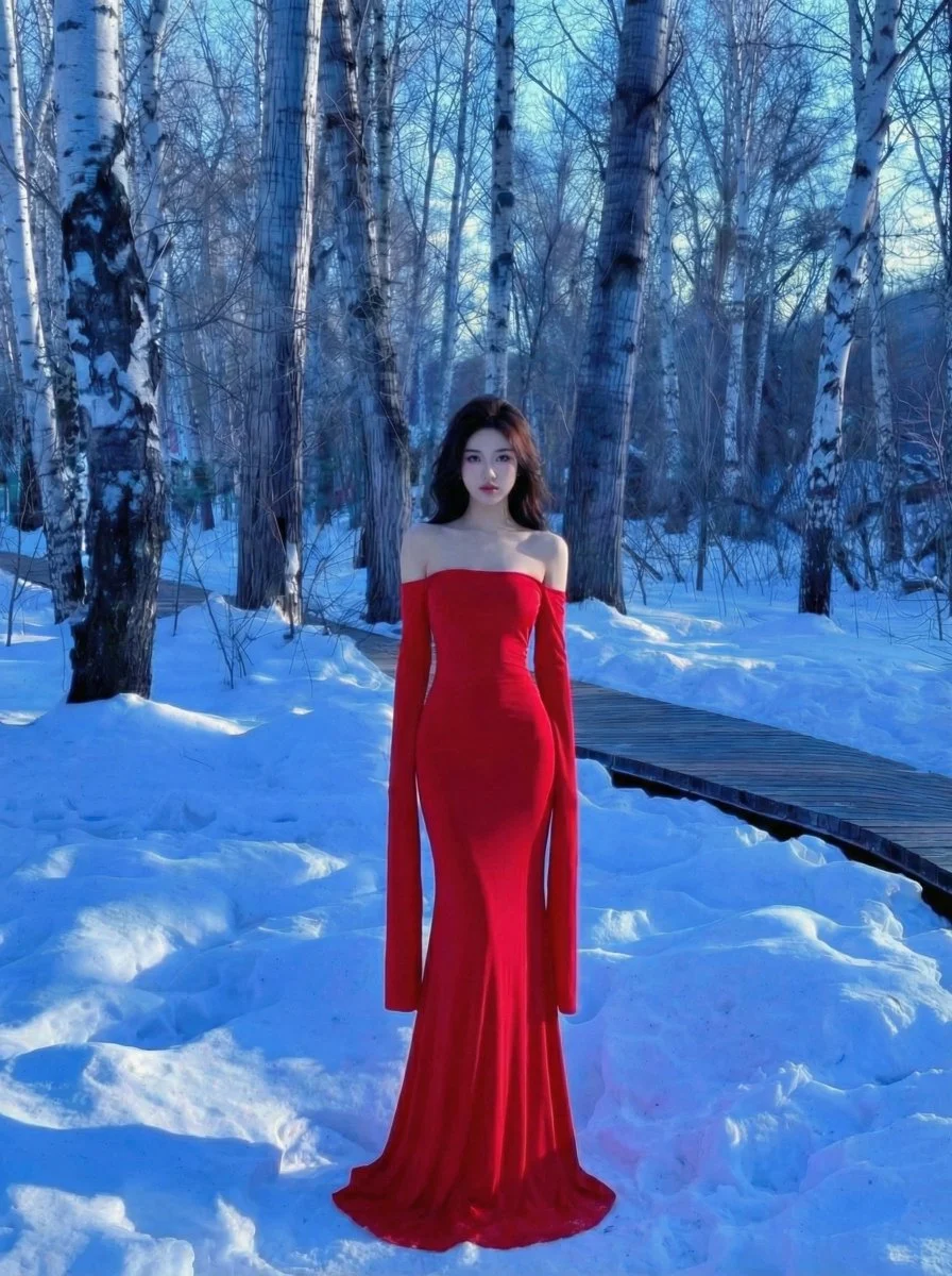 Elegante vestido rojo de regreso en el bosque de abedules invernal.