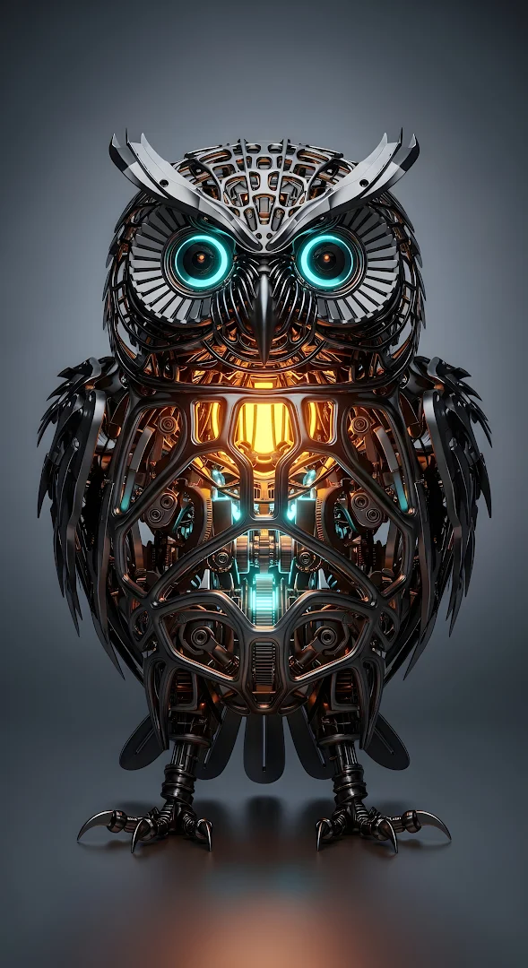 Intricate Steampunk Mechanical Owl Cyborg Design Art