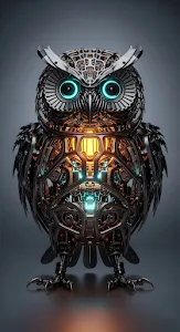 Intricate Steampunk Mechanical Owl Cyborg Design Art