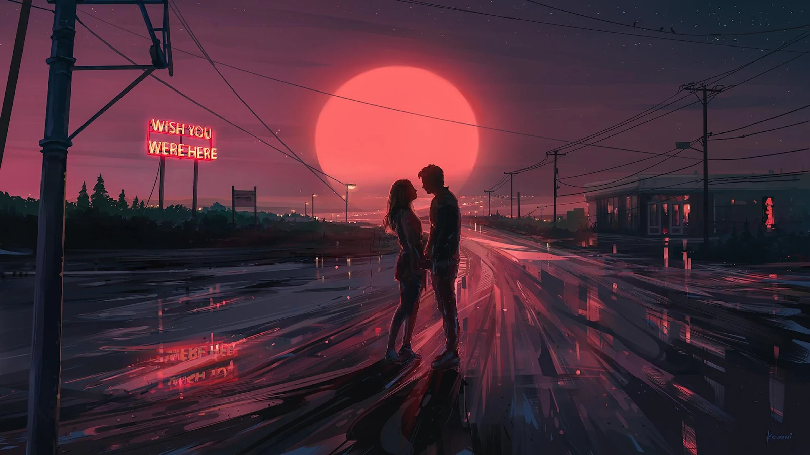 Couple Under Neon Red Sunset - Neo-noir Illustration Full HD Wallpaper (1920x1080)